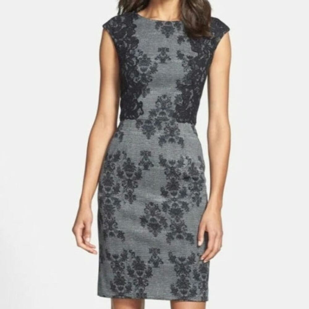 NWT Adrianna Papell Sheath Dress Gray Silhouette Intricate Black Lace Detail